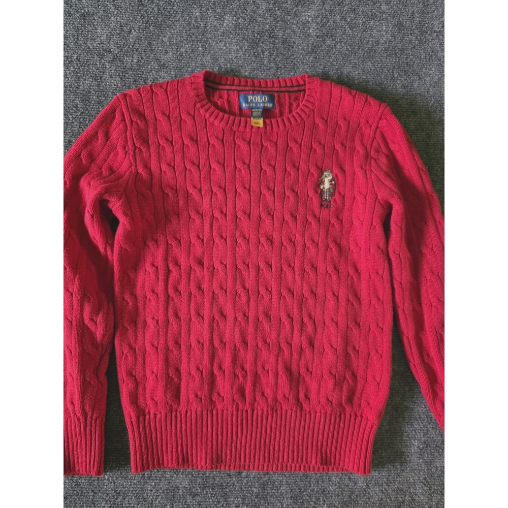 Polo Ralph Lauren Polo Bear Cable Knit Sweater Red Crewneck Boys M 10-12